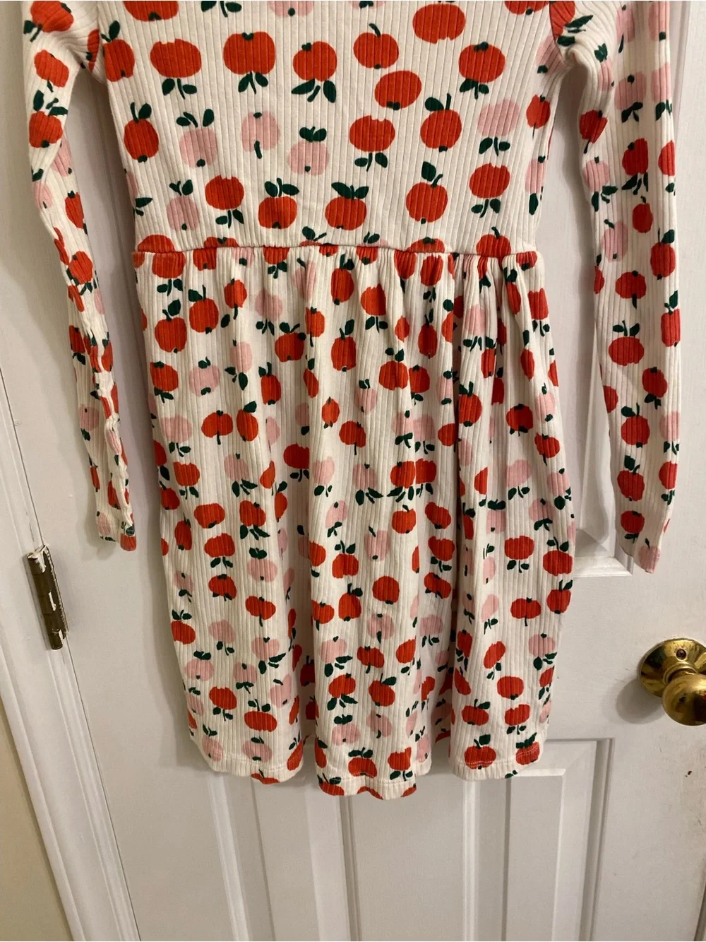 HANNA ANDERSON Girls 8 Long Sleeve Apple Fall Dress Cream w/ Red Apple Pattern